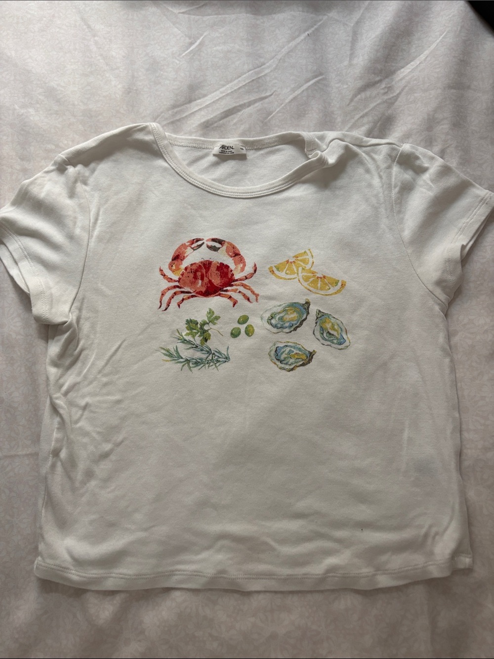 Ardene White Tee with Crab & Seafood Watercolor Print